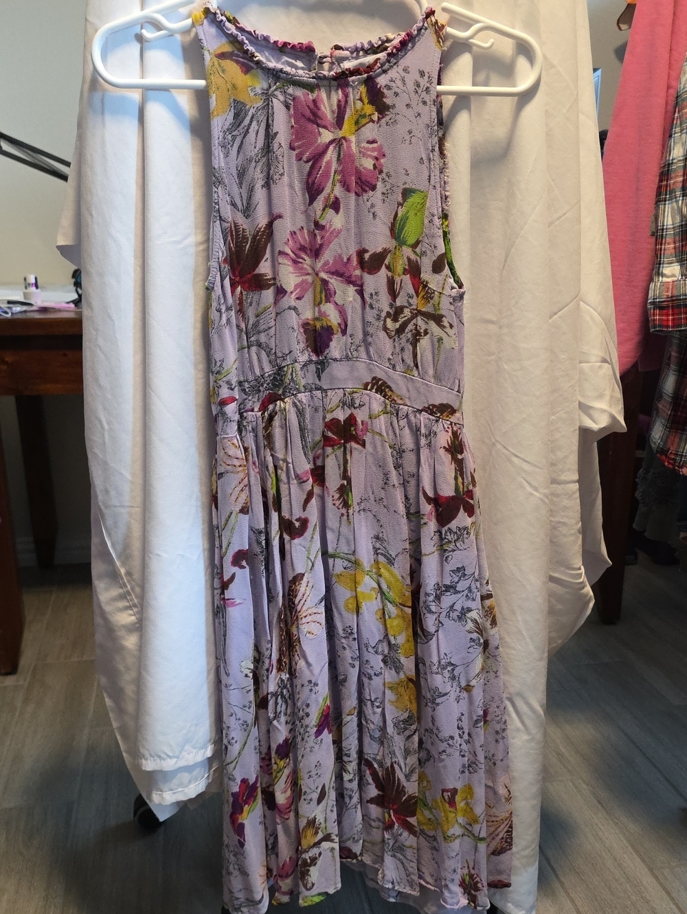 Anthropologie Lilac Floral Midi Dress with Multicolor Motif